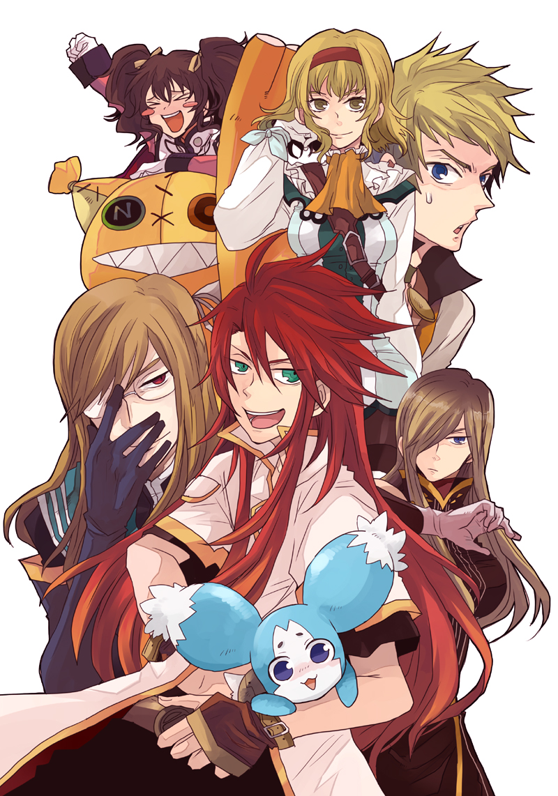 &gt;_&lt; 3girls anise_tatlin bad_id bad_pixiv_id black_hair blonde_hair blue_eyes brown_hair closed_eyes creature doll glasses gloves green_eyes guy_cecil hairband jade_curtiss long_hair luke_fon_fabre mieu multiple_boys multiple_girls natalia_luzu_kimlasca_lanvaldear orange_neckwear red_hair ribbon sudachips tales_of_(series) tales_of_the_abyss tear_grants tokunaga