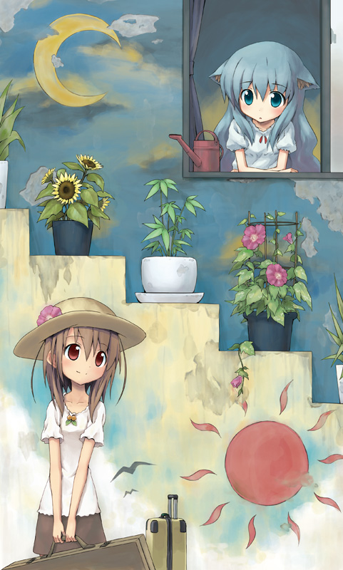 aikei_ake animal_ears blue_eyes blue_hair brown_hair cat_ears crescent_moon flower hat long_hair moon multiple_girls original plant potted_plant red_eyes skirt stairs suitcase sun watering_can window
