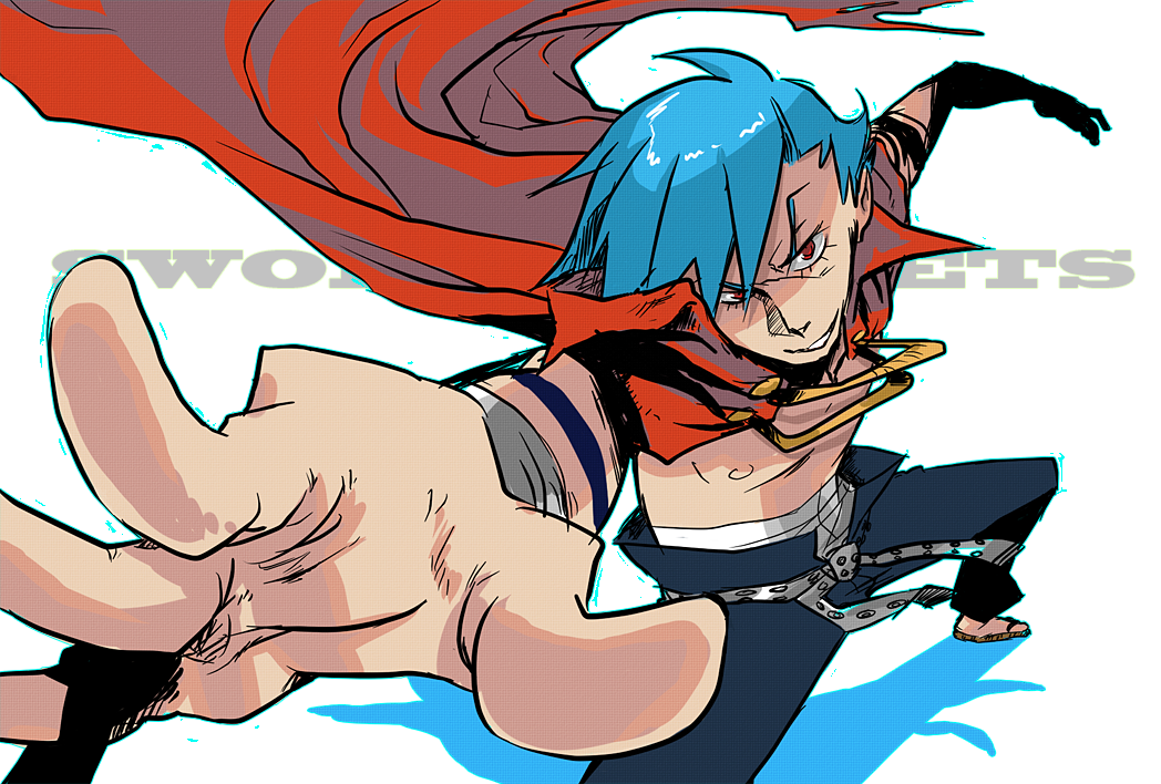 bad_id bad_pixiv_id blue_hair cape foreshortening kamina male_focus solo tattoo tehryu tengen_toppa_gurren_lagann