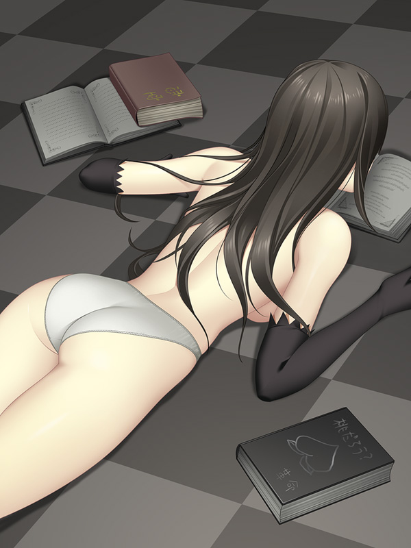 ass bad_id bad_pixiv_id black_hair book chronica elbow_gloves gloves isobe long_hair panties solo sound_horizon topless underwear underwear_only white_panties