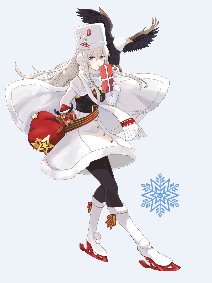 1girl arm_behind_back azur_lane bald_eagle bird boots capelet chinese_commentary christmas commentary_request dress eagle enterprise_(azur_lane) eyebrows_visible_through_hair full_body gift hat kkkula_(kula) lavender_eyes leggings long_hair sack scarf silver_hair skates snowman_hair_ornament solo standing stuffed_animal stuffed_toy