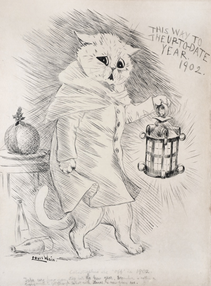 ambiguous_gender barefoot biped bottle bottomless cat clothed clothing digitigrade english_text feline greyscale half-dressed holding lantern license_info louis_wain mammal monochrome open_mouth public_domain semi-anthro signature solo text traditional_media_(artwork) whiskers worried