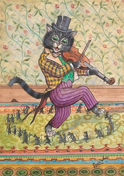 ambiguous_gender anthro barefoot biped black_fur cat clothed clothing feline fur green_eyes group hat holding inside license_info louis_wain low_res mammal mouse mouse_hole music musical_instrument nude open_mouth public_domain rodent semi-anthro signature solo_focus top_hat violin whiskers