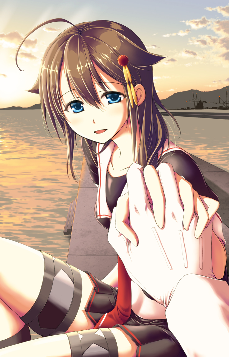 ahoge black_skirt blue_eyes brown_hair crane gloves hair_flaps hair_ornament hair_over_shoulder hairpin harbor holding_hands interlocked_fingers jewelry kantai_collection long_sleeves looking_at_viewer mountain necktie open_mouth out_of_frame outdoors pleated_skirt pov pov_hands remodel_(kantai_collection) shigure_(kantai_collection) short_hair sitting skirt smile stairs sunset thigh_strap water white_gloves yammy