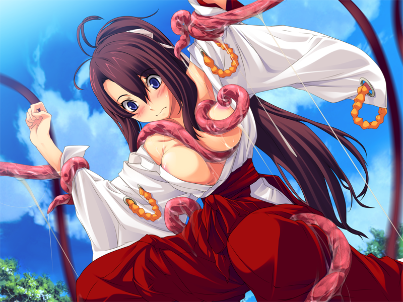 1girl blue_eyes blush breasts brown_hair character_request closed_mouth collarbone cum female game_cg long_hair miko nipple_pull nipples parthenon_(company) seishokusha solo sunbeam tentacle