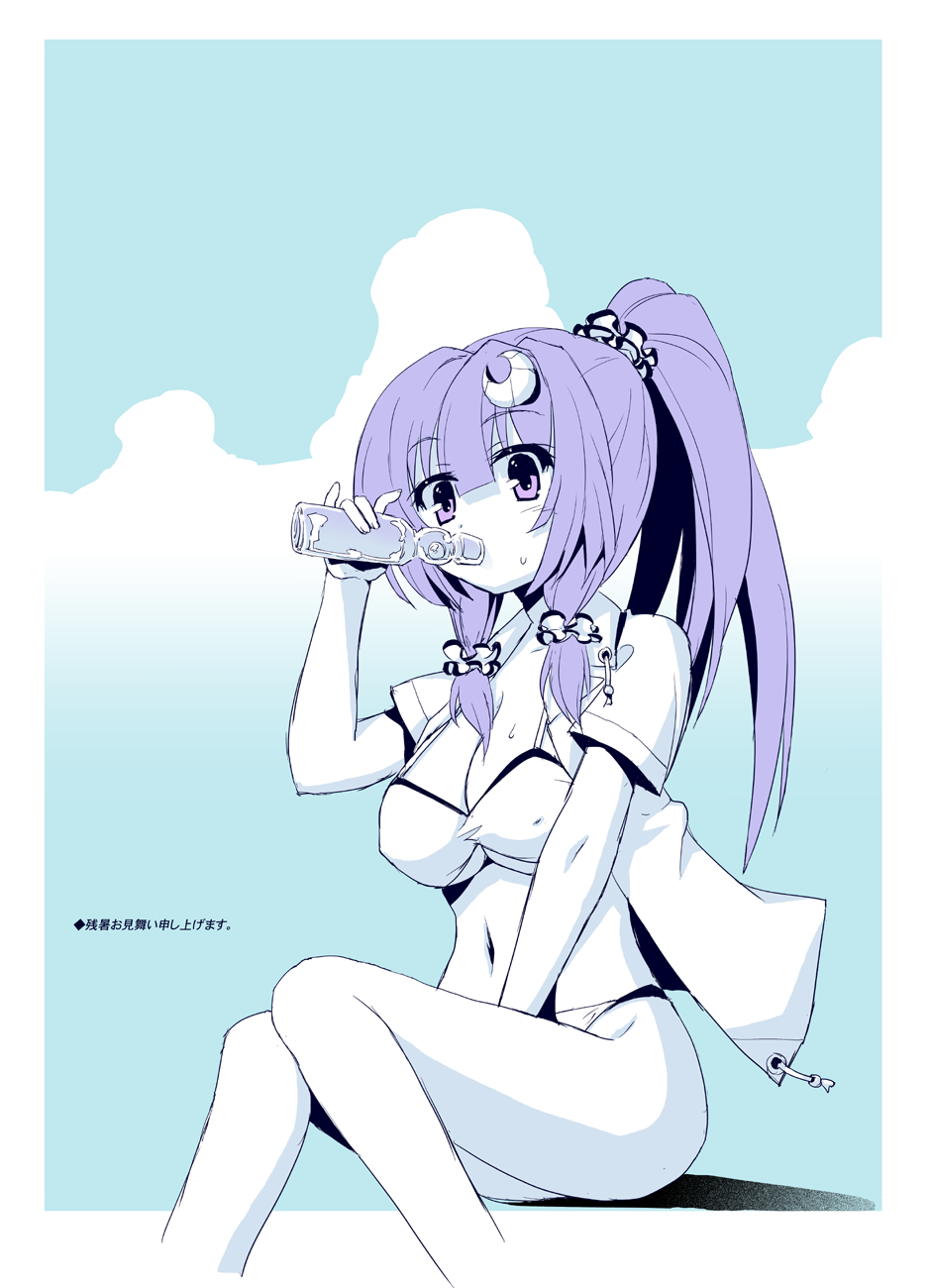alternate_hairstyle betei between_legs bikini bottle contemporary crescent crescent_hair_ornament drinking hair_ornament hair_scrunchie hand_between_legs high_ponytail highres no_hat no_headwear open_clothes open_shirt patchouli_knowledge ponytail purple_eyes purple_hair scrunchie shirt solo spot_color sweat swimsuit touhou zanshomimai