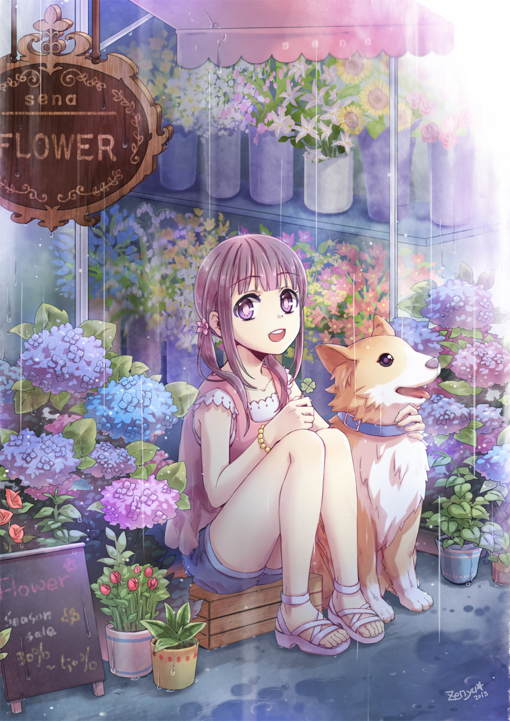 2013 :d animal animal_hug bangs bare_legs bare_shoulders blouse blunt_bangs bracelet clover collar dog flower flower_pot flower_shop four-leaf_clover full_body hair_flower hair_ornament hair_over_shoulder highres hydrangea jewelry legs lily_(flower) long_hair looking_at_viewer open_mouth original outdoors pink_blouse plant potted_plant purple_eyes purple_hair rain sandals shelf shop shorts sign signature sitting sleeveless smile solo sunflower toes twintails zenyu