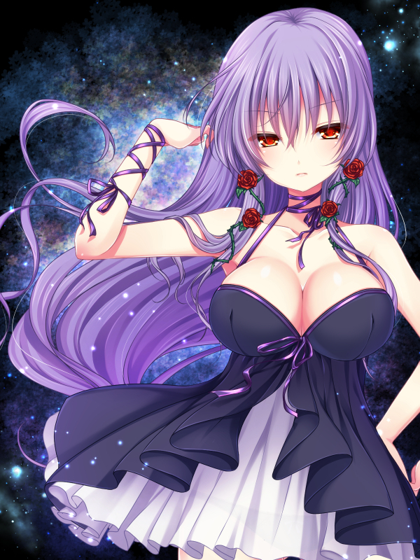 asazuki_kanai bare_shoulders breasts choker cleavage closed_mouth dress flower frilled_dress frills hand_in_hair hand_on_hip hand_up lace-up large_breasts long_hair original purple_hair purple_ribbon red_eyes red_flower red_rose ribbon ribbon_choker rose sleeveless sleeveless_dress solo thorns upper_body very_long_hair