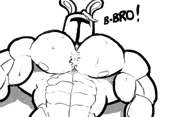 abs armor biceps big_muscles clothed clothing half-dressed helmet lagomorph male mammal monochrome muscular nipples pecs rabbit rg01 ripped-saurian solo text topless