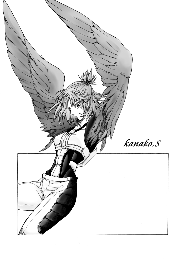 character_name feathers greyscale long_hair maki_(motimaki) monochrome sanjou_kanako solo terra_formars uniform wings