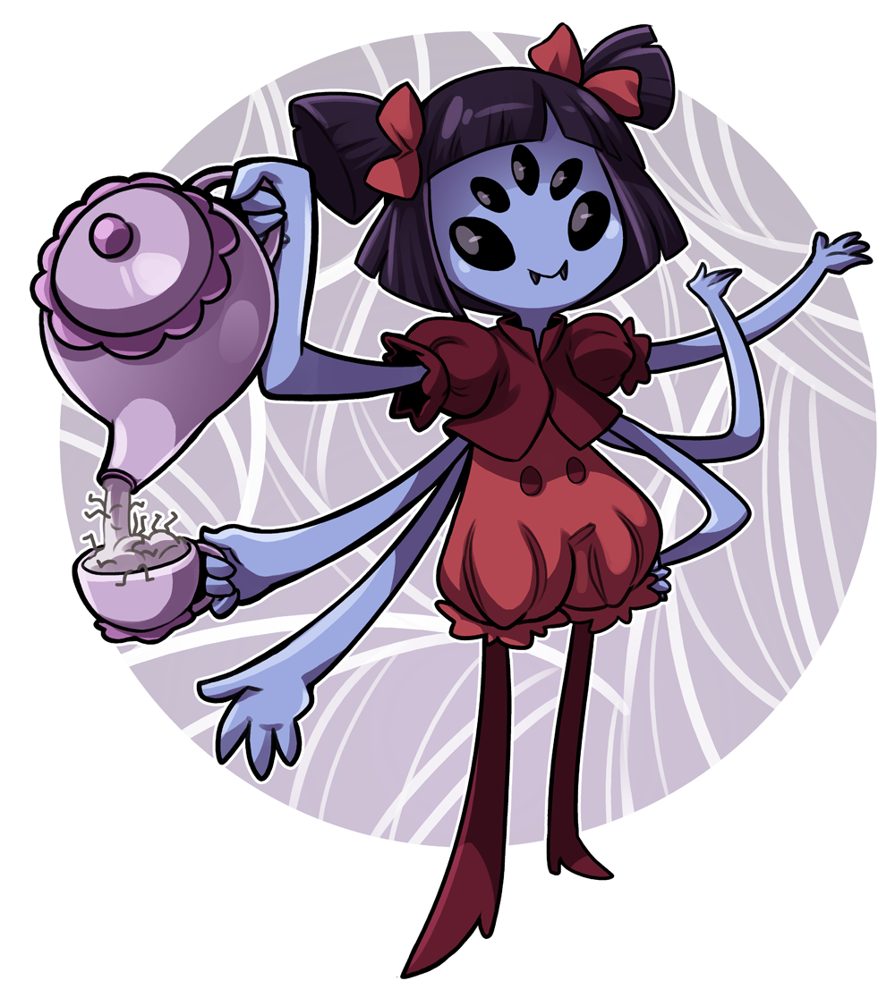 anthro arachnid arthropod black_eyes black_hair blue_skin clothing cubewatermelon dress fangs female hair hair_bow muffet noseless smile solo spider spider_web tea_cup tea_pot undertale