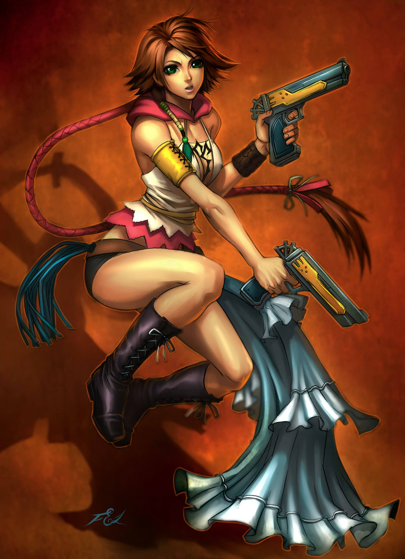 bare_shoulders boots breasts brown_hair cleavage dual_wielding felsus final_fantasy final_fantasy_x final_fantasy_x-2 gun hood ponytail short_shorts showgirl_skirt solo weapon yuna