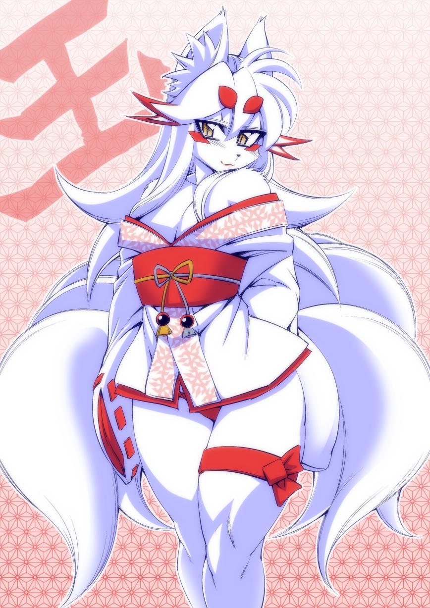 abstract_background aged_up amakuchi anthro blush breasts canine cleavage clothed clothing female fox fur hair japanese_clothing long_hair looking_at_viewer mammal multiple_tails otama_(character) panties smile solo standing underwear white_fur white_hair wide_hips yellow_eyes