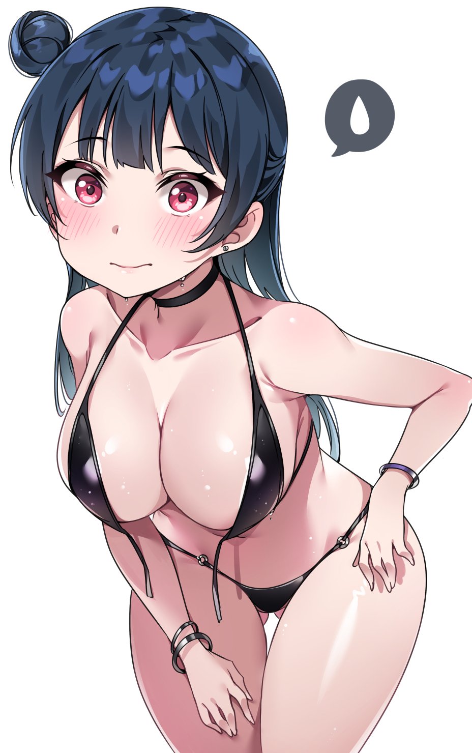 1girl armpit_crease bangle bangs bare_arms bare_shoulders bikini black_bikini black_hair blush bracelet breasts cleavage closed_mouth collarbone cowboy_shot earrings eyebrows_visible_through_hair gluteal_fold hair_bun highres jewelry large_breasts leaning_forward long_hair looking_at_viewer love_live! love_live!_sunshine!! navel red_eyes sanpaku sidelocks simple_background solo speech_bubble standing stomach swimsuit tem10 thighs tsushima_yoshiko untied untied_bikini wet white_background