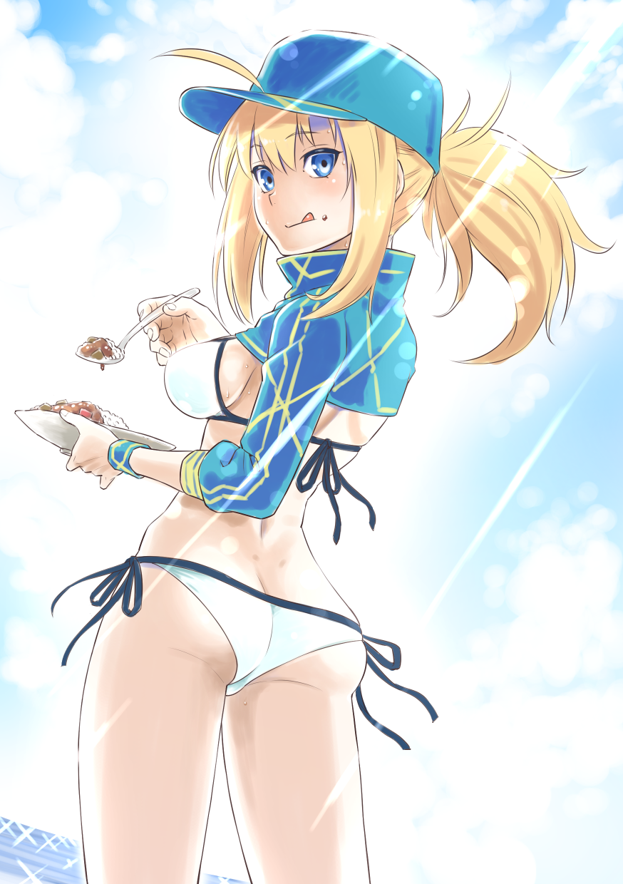 1girl :q ahoge artoria_pendragon_(all) ass baseball_cap bikini blonde_hair blush breasts closed_mouth cloud curry curry_rice day dutch_angle eyebrows_visible_through_hair fate/grand_order fate_(series) food food_on_face from_behind hat highres holding holding_spoon looking_at_viewer looking_back medium_breasts mysterious_heroine_xx_(foreigner) oku_hideki outdoors plate ponytail rice sky solo spoon standing sunlight sweat swimsuit tongue tongue_out water white_bikini