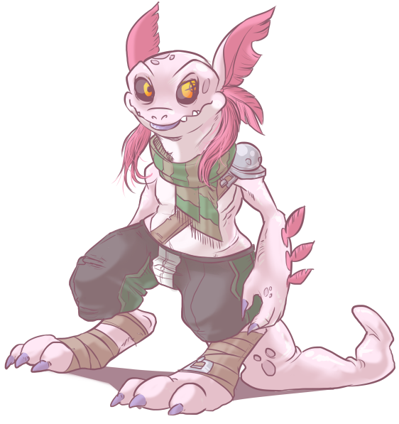 ambiguous_gender anthro axolotl barefoot beelzemon_(artist) clothed clothing digitigrade foot_wraps front_view half-dressed looking_away male navel pants scalie smile solo standing topless