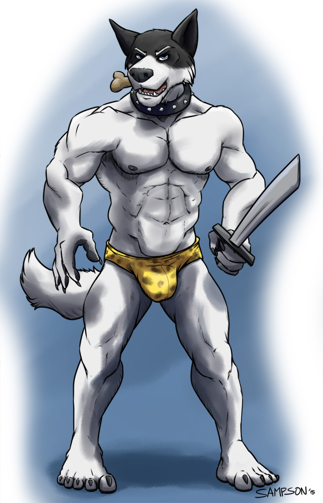 abs bulge canine clothing collar dog doggo male mammal melee_weapon muscular sampsonwoof solo speedo swimsuit sword undertale weapon