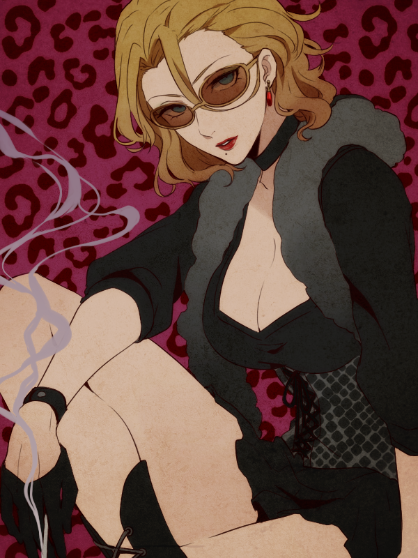 animal_print bad_id bad_twitter_id bleach blonde_hair boots breasts choker cigarette cleavage crossed_arms earrings hair_between_eyes jewelry large_breasts leopard_print lips lipstick looking_at_viewer makeup matsumoto_rangiku mole mole_under_mouth parted_lips short_hair smoke solo sunglasses yukin_(es)