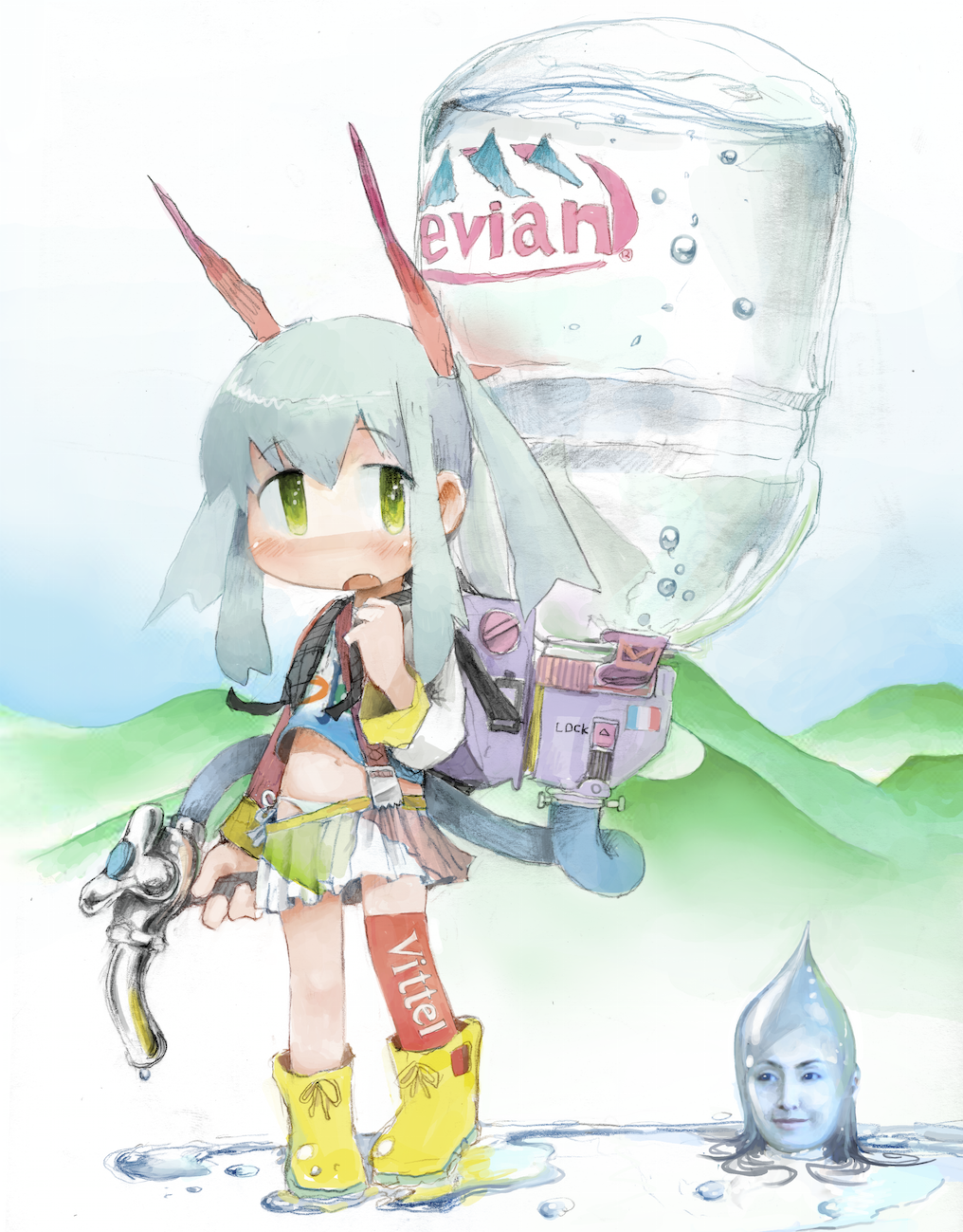 backpack bag blush boots evian faucet green_eyes hade_na_kangofu highres hill navel open_mouth panties product_placement red_legwear rubber_boots sakai_noriko side-tie_panties single_thighhigh solo thighhighs underwear vittel wardrobe_malfunction water water_cooler water_drop water_gun when_you_see_it