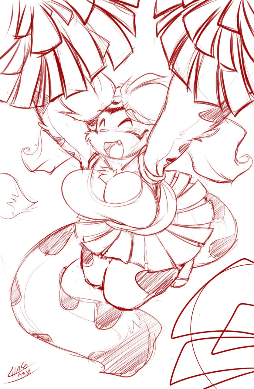 anthro big_breasts breasts chalo cheerleader chest_tuft eyes_closed facial_markings feline female fur hair huge_breasts las_lindas long_hair mammal markings monochrome open_mouth sketch smile solo stripes tiger tiggs tuft