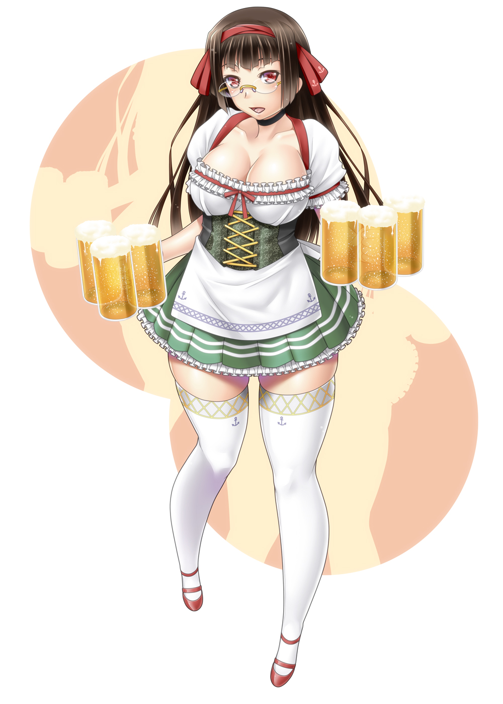 alcohol ayato beer breasts dirndl german_clothes glasses hair_ribbon large_breasts oktoberfest ribbon thighhighs