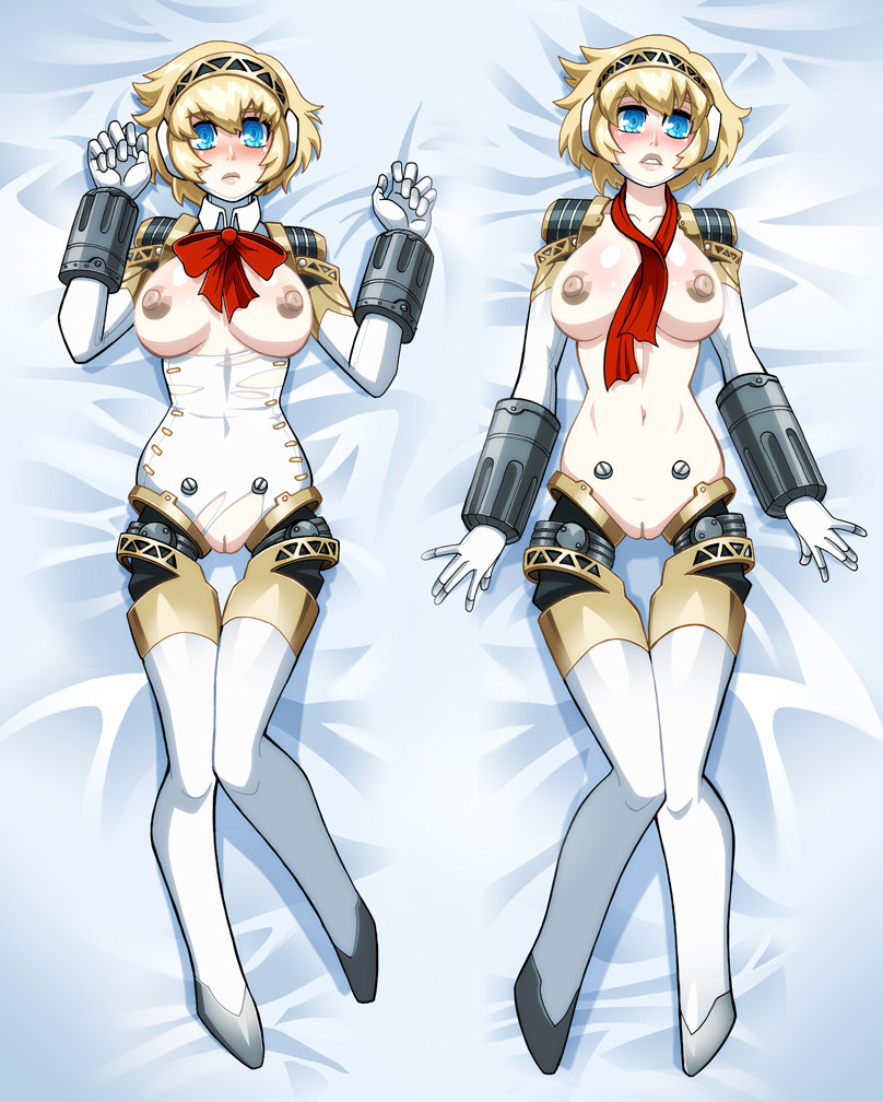 1girl aegis_(persona) android areolae blonde_hair blue_eyes blush bow bowtie breasts breasts_outside dakimakura looking_at_viewer lying nipples nopeavi on_back parted_lips persona persona_3 pussy robot_joints short_hair solo torn_clothes uncensored undone