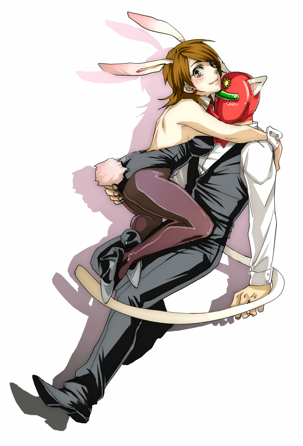 1girl animal_ears bad_id bad_pixiv_id bunny_ears bunny_girl bunnysuit cat_ears hug legs mask pantyhose pinki_(shounenkakuseiya) sunred tail tentai_senshi_sunred uchida_kayoko waiter