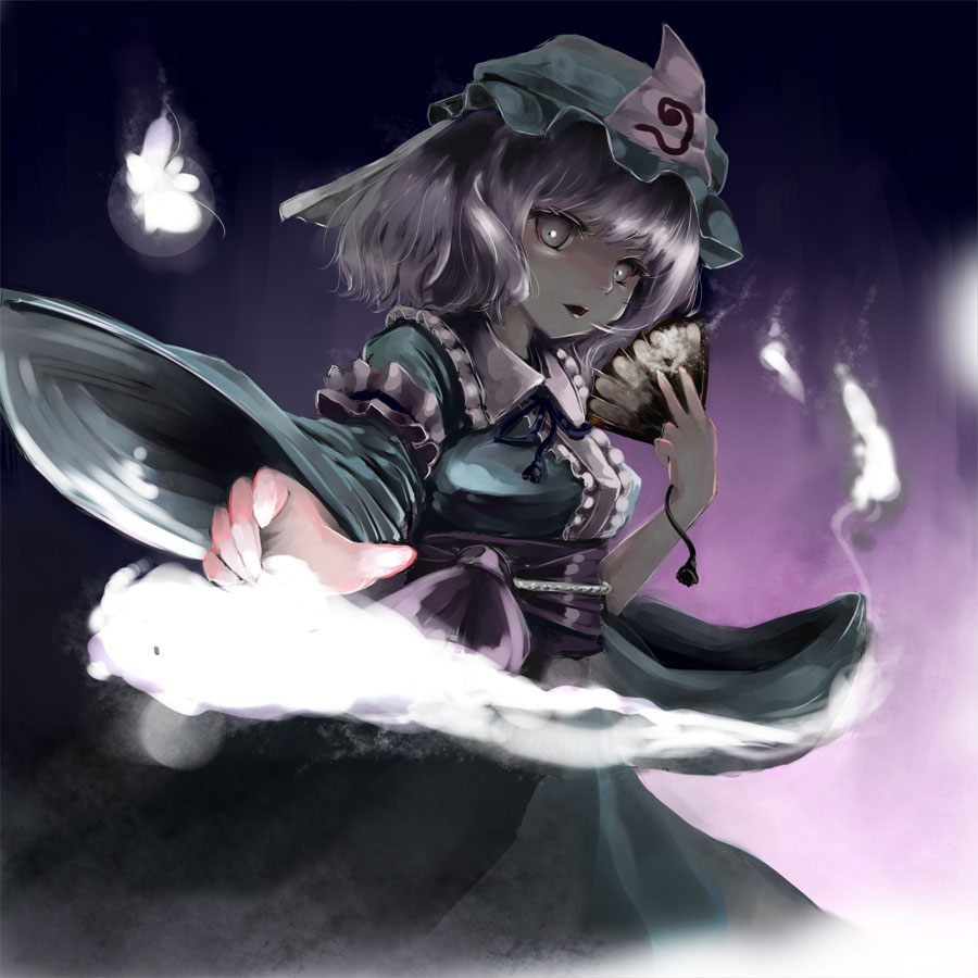 childofa fan ghost hat japanese_clothes pink_hair red_eyes saigyouji_yuyuko short_hair solo touhou