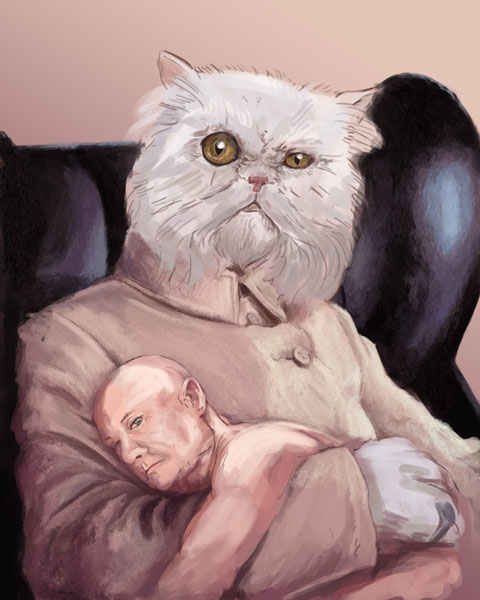 anthro bald blofield cat chair clothing coat duo feline fur green_eyes human humor james_bond mammal movie parody pet what white_fur