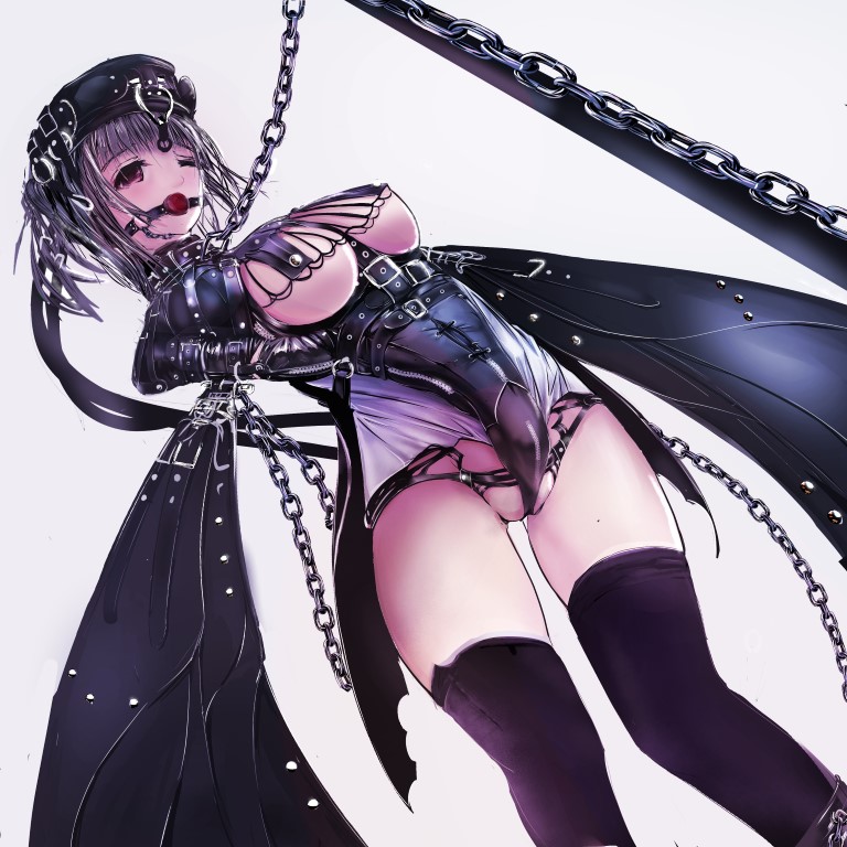 ball_gag bdsm belt beret bondage bound bound_arms breasts chain gag gagged hat large_breasts one_eye_closed original red_eyes short_hair silver_hair solo thighhighs underboob wings yamao0920