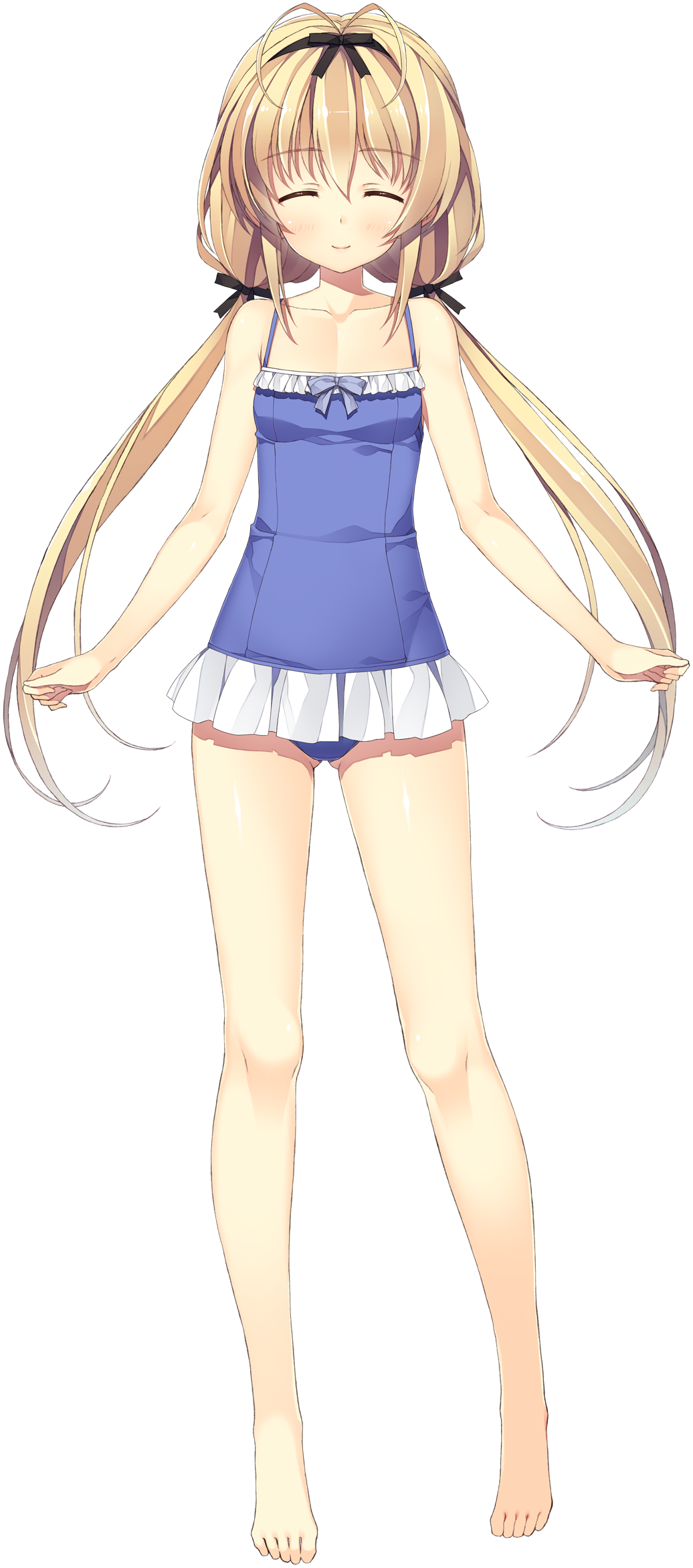 bare_shoulders barefoot blonde_hair blush casual_one-piece_swimsuit closed_eyes flat_chest frilled_swimsuit frills full_body hair_ribbon highres juukishi_cutie_bullet long_hair low_twintails non-web_source one-piece_swimsuit ribbon sara_tefal simple_background solo standing swimsuit twintails white_background yuuki_hagure