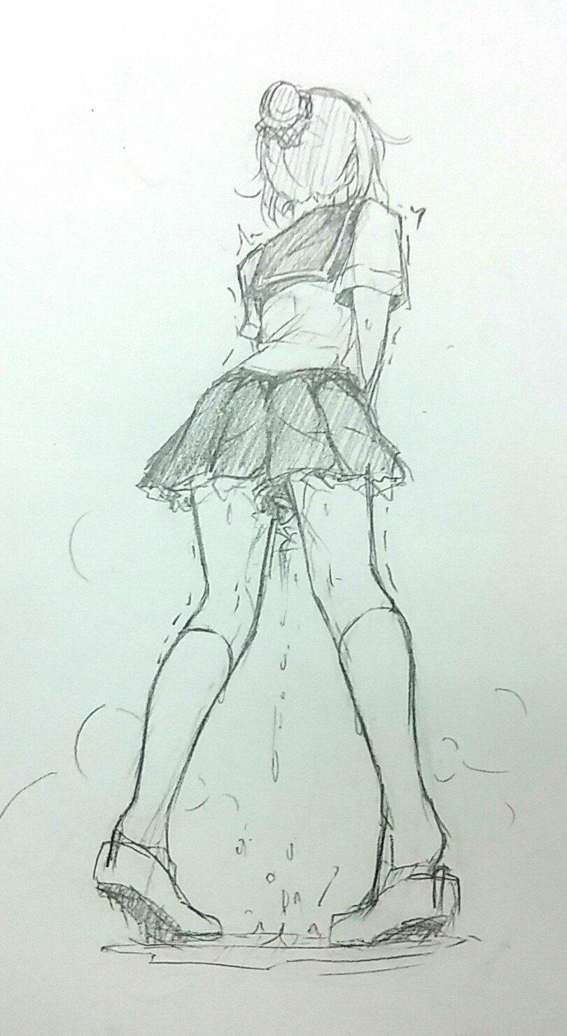 azukilib between_legs character_request female from_behind full_body greyscale hair_bun hand_between_legs have_to_pee highres jpeg_artifacts kneehighs miniskirt monochrome peeing peeing_self pigeon-toed pleated_skirt puddle sailor_collar scan school_uniform scrunchie serafuku shirt shoes short_hair short_sleeves simple_background sketch skirt solo standing steam sweat tied_hair traditional_media trembling white_background