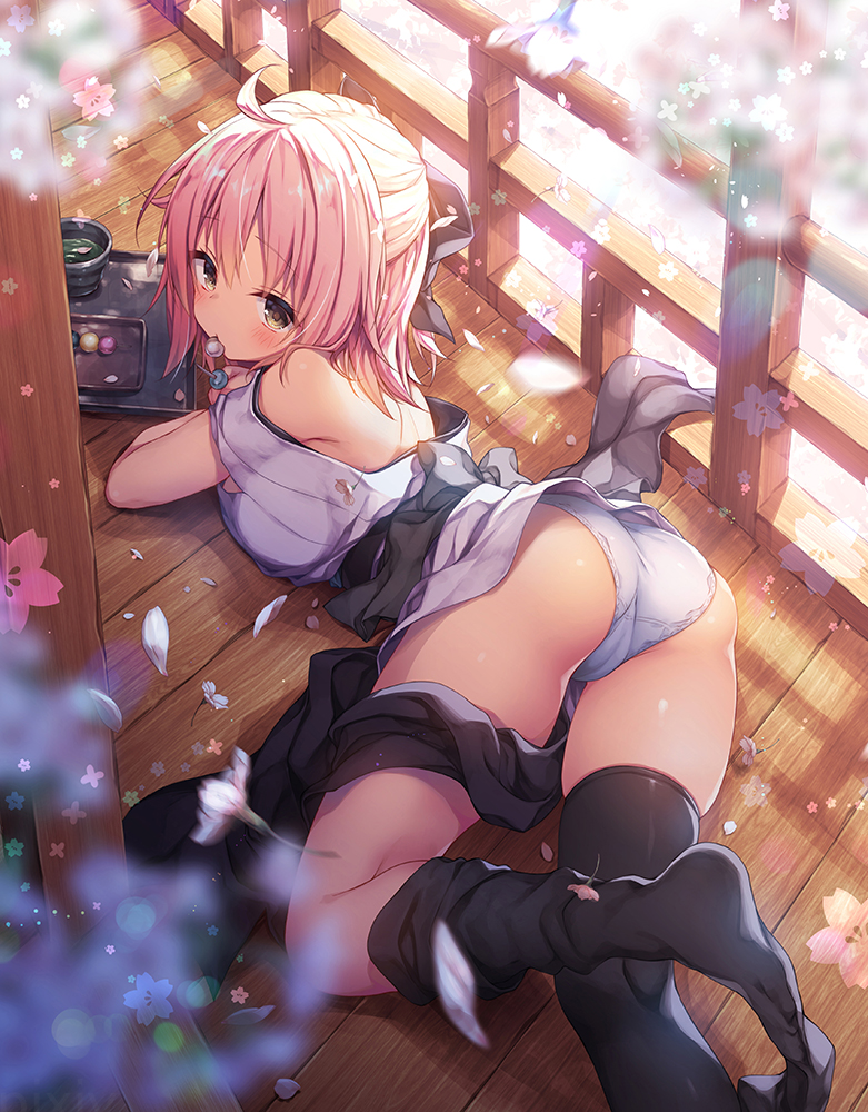 ahoge ass back bangs bare_shoulders black_bow black_legwear black_scarf blurry_foreground blush bow breasts brown_eyes cameltoe commentary_request crotch_seam cup dango day eyebrows_visible_through_hair fate/grand_order fate_(series) flower food from_above hair_bow half_updo holding holding_food japanese_clothes kimono konomi_(kino_konomi) looking_at_viewer looking_back lying medium_breasts mouth_hold no_shoes obi off_shoulder okita_souji_(fate) okita_souji_(fate)_(all) on_stomach outdoors panties petals pink_flower pink_hair sanshoku_dango sash scarf short_hair short_kimono solo sunlight thighhighs thighhighs_pull tray underwear veranda wagashi white_kimono white_panties