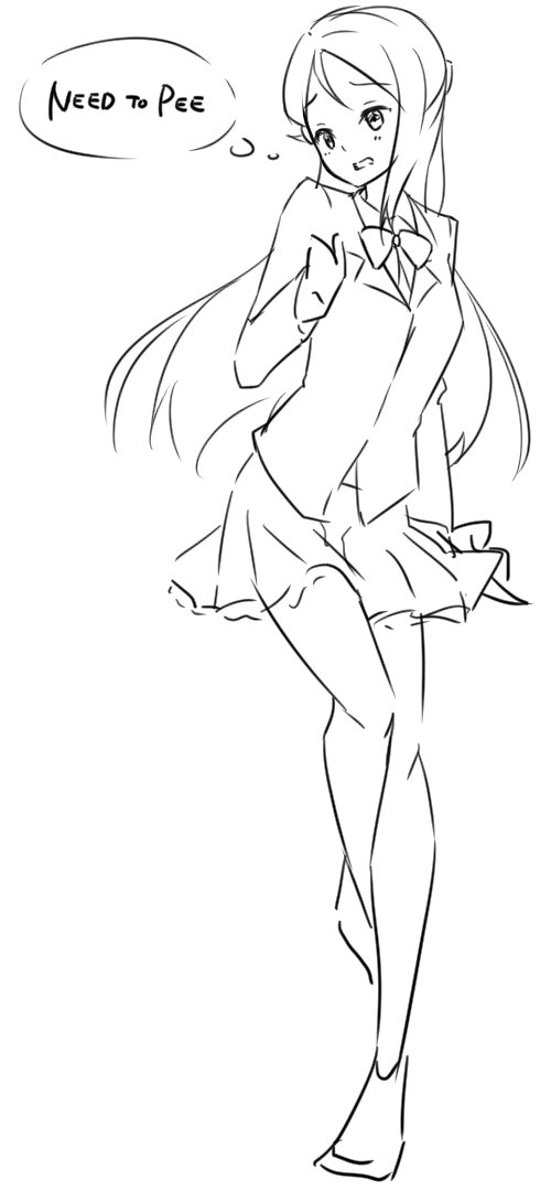 azukilib bangs between_legs blush bow bowtie character_request clenched_teeth english_text eyebrows_visible_through_hair female full_body greyscale hand_between_legs hand_up have_to_pee jacket jpeg_artifacts leg_up light_blush long_hair long_sleeves miniskirt monochrome pleated_skirt school_uniform shirt shoes simple_background sketch skirt solo standing standing_on_one_leg teeth text-focus text_focus thought_bubble white_background