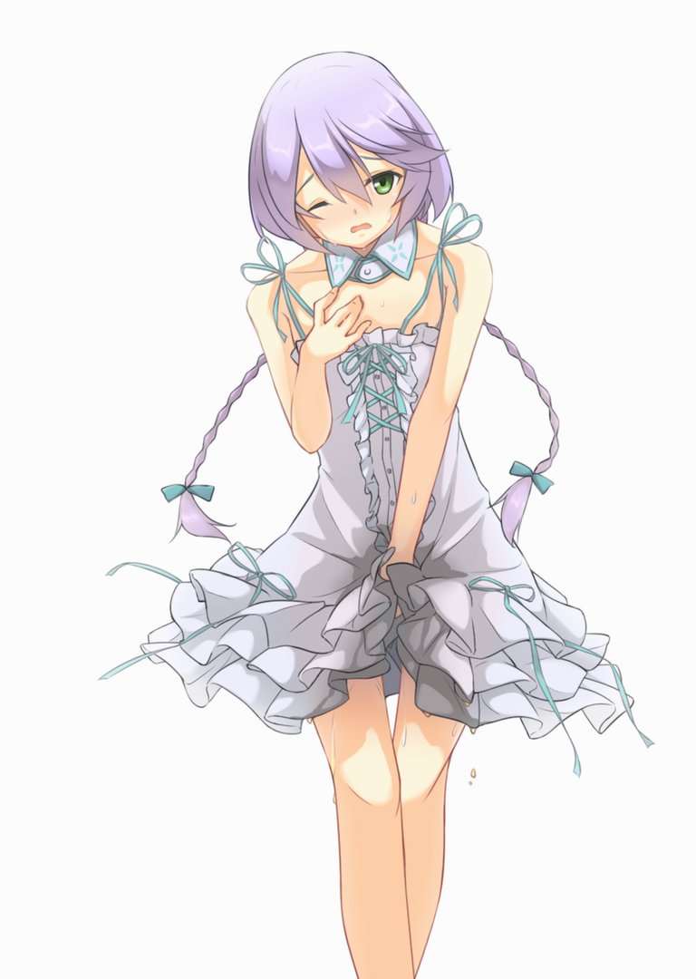 acquire akiba's_trip azukilib bangs bare_shoulders between_legs blue_bow blue_ribbon blush bow braid character_request collarbone dress embarrassed female flat_chest green_eyes hair_between_eyes hair_bow hand_between_legs hand_on_own_chest hand_up have_to_pee jpeg_artifacts legs_together long_hair looking_at_viewer nose_blush one_eye_closed open_mouth peeing peeing_self purple_hair ribbon shiny shiny_hair simple_background sleeveless sleeveless_dress solo spaghetti_strap standing sweat thigh_gap tied_hair tokikaze_shizuku twin_braids wet wet_clothes white_background white_dress