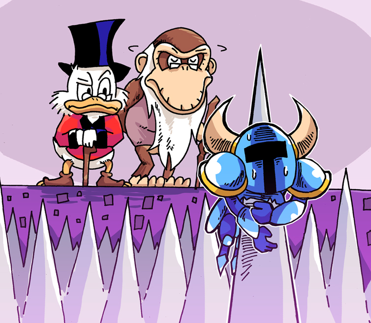 armor bird cane cranky_kong crossover disney donkey_kong_(series) donkey_kong_country duck duck_tales dying failure glasses hat helmet horned_helmet impaled monkey multiple_boys no_humans scrooge_mcduck setz shovel_knight shovel_knight_(character) spikes sweatdrop top_hat trait_connection