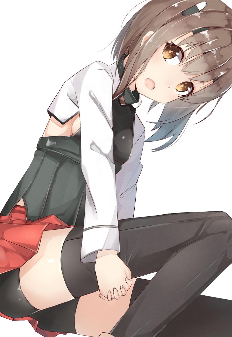 bike_shorts black_legwear blush breasts brown_eyes brown_hair from_below from_side gin00 hands_clasped headband headgear highres interlocked_fingers kantai_collection leg_hold long_sleeves looking_at_viewer looking_to_the_side miniskirt open_mouth own_hands_together pleated_skirt short_hair sideboob simple_background sitting sketch skirt small_breasts solo taihou_(kantai_collection) thighhighs white_background