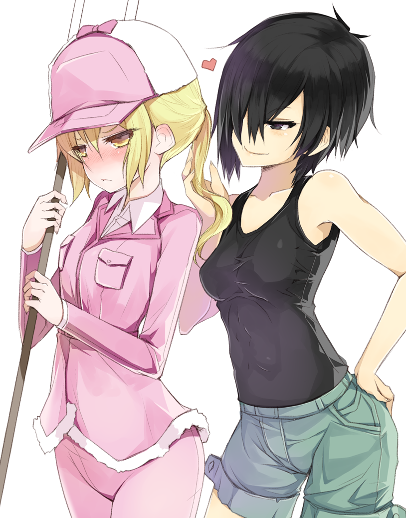 2girls abs arashiya bare_shoulders baseball_cap black_eyes black_hair black_tank_top blonde_hair blush breasts coat covered_navel cowboy_shot eosinophil_(hataraku_saibou) fur_trim grin hair_over_one_eye hand_in_another's_hair hand_in_another's_hair hand_on_hip hat hataraku_saibou heart long_sleeves medium_breasts multiple_girls nk_cell_(hataraku_saibou) pants pink_hat polearm short_hair shorts simple_background skin_tight sleeveless smile spear standing tank_top twintails weapon white_background yellow_eyes yuri