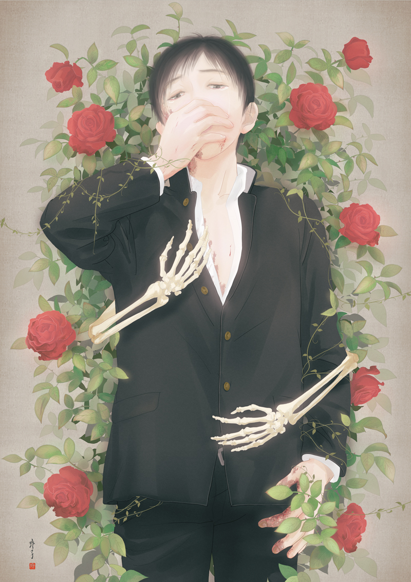 black_hair bone bush commentary_request covering_mouth crying decay flower gakuran grey_background hand_on_another's_chest hand_on_another's_hip hand_over_own_mouth hug hug_from_behind jacket leaf looking_at_viewer male_focus open_clothes open_jacket original plant re:i realistic rose rotting school_uniform signature skeletal_arm solo_focus tears vines