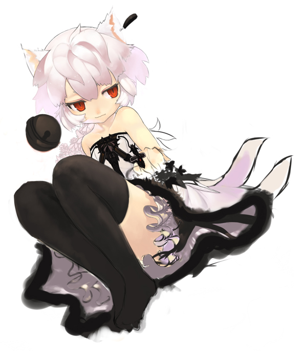 albino animal_ears bare_shoulders bell black_legwear copyright_request dress earrings jewelry jingle_bell liki red_eyes short_hair sitting solo thighhighs white_hair