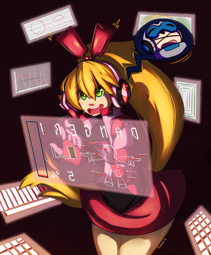 :x bad_id bad_tumblr_id beck_(mighty_no._9) blonde_hair call_(mighty_no._9) call_f dress gloves green_eyes headset holographic_interface holographic_monitor holographic_touchscreen long_hair mighty_no._9 ponytail saane short_dress solo_focus striped_sleeves