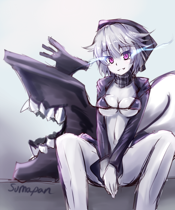 artist_name bikini black_bikini breasts hood hoodie kantai_collection medium_breasts navel purple_eyes re-class_battleship scarf shinkaisei-kan short_hair sitting solo sumapan swimsuit v_arms white_hair white_skin