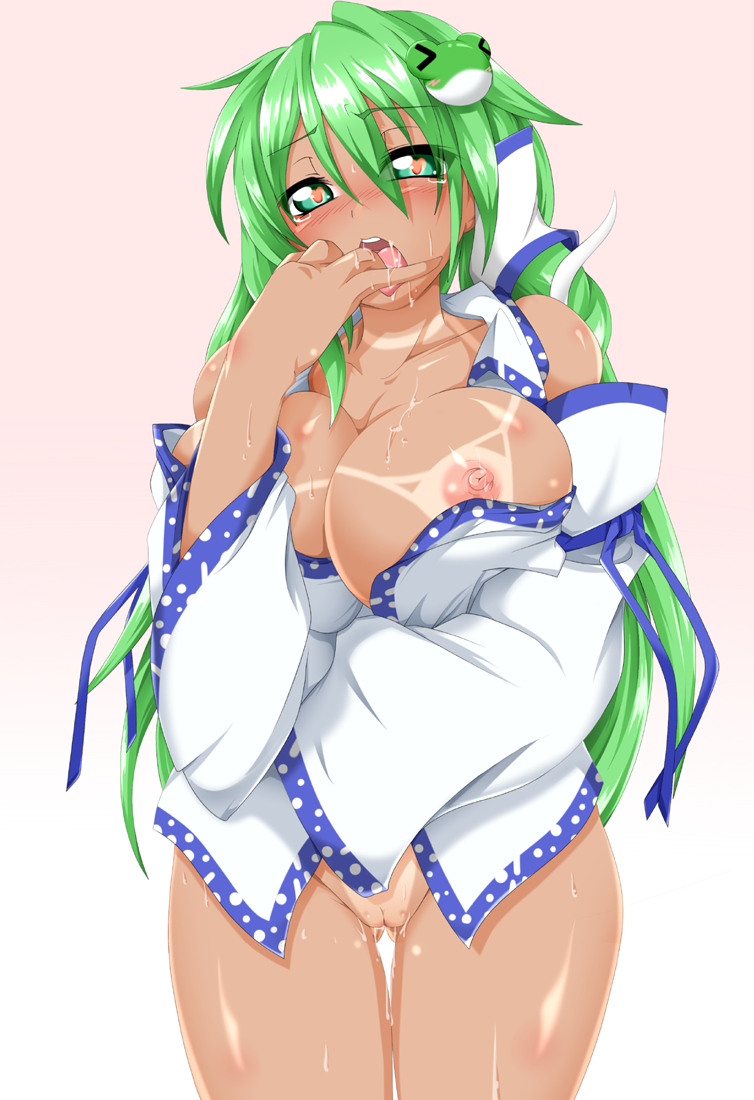 &gt;_&lt; bare_shoulders blush bottomless breasts cleavage closed_eyes detached_collar frog_hair_ornament green_eyes green_hair groin hair_ornament heart heart-shaped_pupils kochiya_sanae kokujuuji large_breasts long_hair long_sleeves looking_at_viewer naked_shirt nipples no_bra open_clothes open_mouth open_shirt pussy saliva shirt snake_hair_ornament solo sweat symbol-shaped_pupils tan tanline tears touhou very_long_hair wide_sleeves