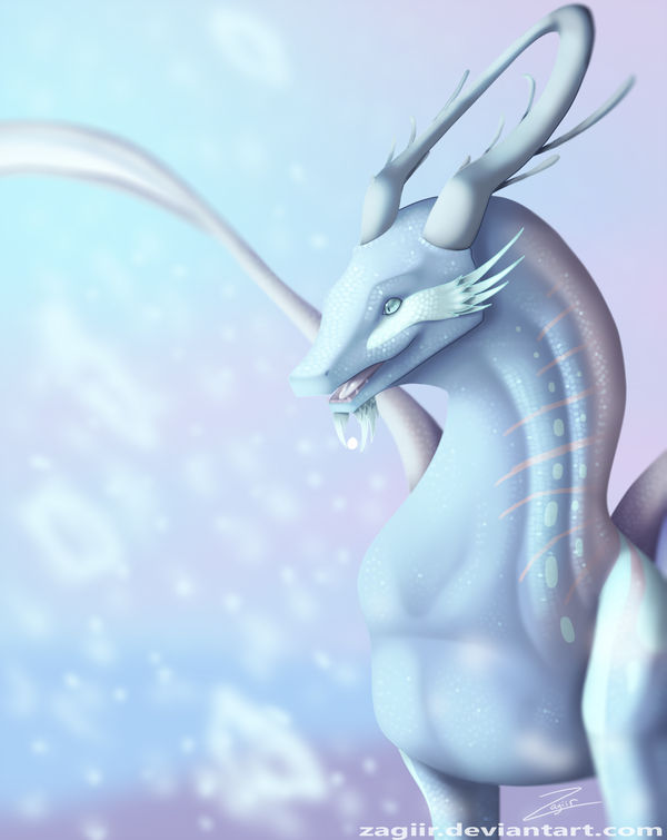 blue_eyes blue_scales dragon english_text horn ice open_mouth scales signature snow snowing standing text tongue watermark white_scales wings zagiir