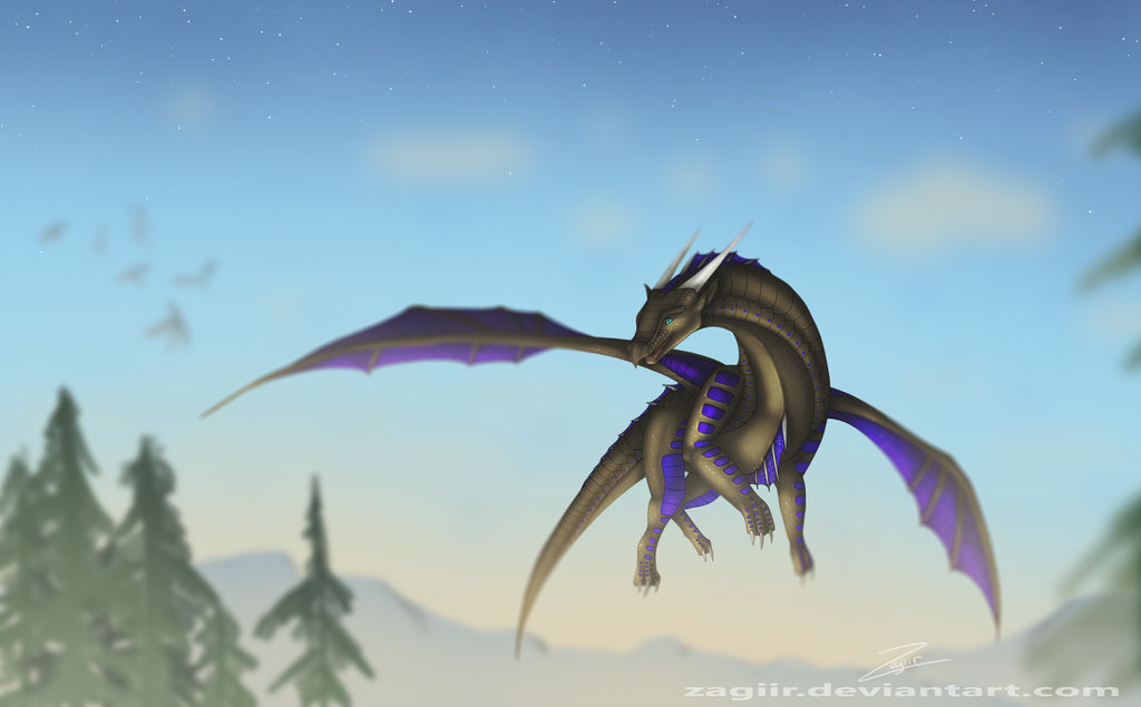 avian bird black_scales blue_eyes claws cloud day detailed_background dragon english_text flock flying forest horn mountain outside scales scalie signature sky spines star text tree watermark western_dragon wings zagiir
