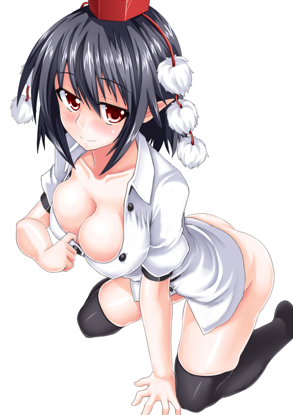 ass black_hair black_legwear blush bottomless breasts cleavage collarbone downblouse hat hat_ribbon kasuka kneeling large_breasts looking_at_viewer naked_shirt over-kneehighs pointy_ears red_eyes ribbon shameimaru_aya shirt simple_background smile solo thighhighs tokin_hat touhou unbuttoned white_background
