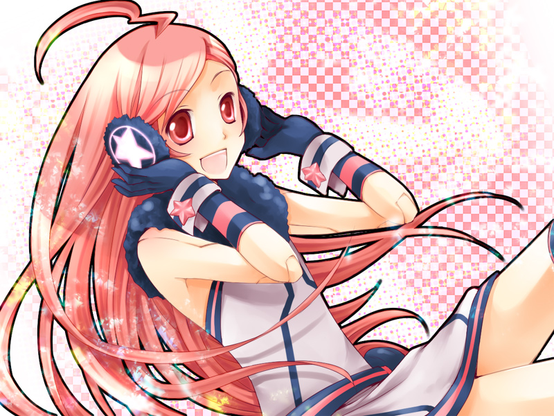 ahoge android asagi_(seal47) gloves headphones long_hair red_eyes red_hair robot_joints sf-a2_miki smile solo striped striped_gloves very_long_hair vocaloid wrist_cuffs
