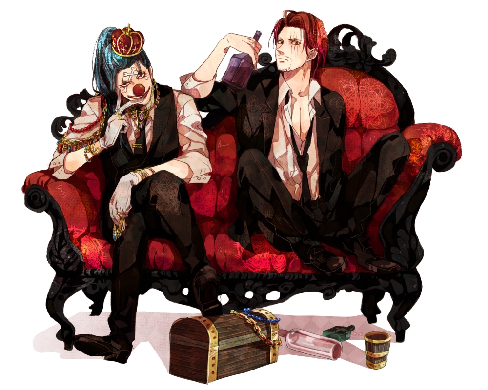 bad_id bad_pixiv_id blue_hair bottle bracelet buggy_the_clown couch crown cup jewelry male_focus mcr multiple_boys necklace necktie one_piece open_clothes open_shirt red_hair scar shanks shirt treasure_chest waistcoat