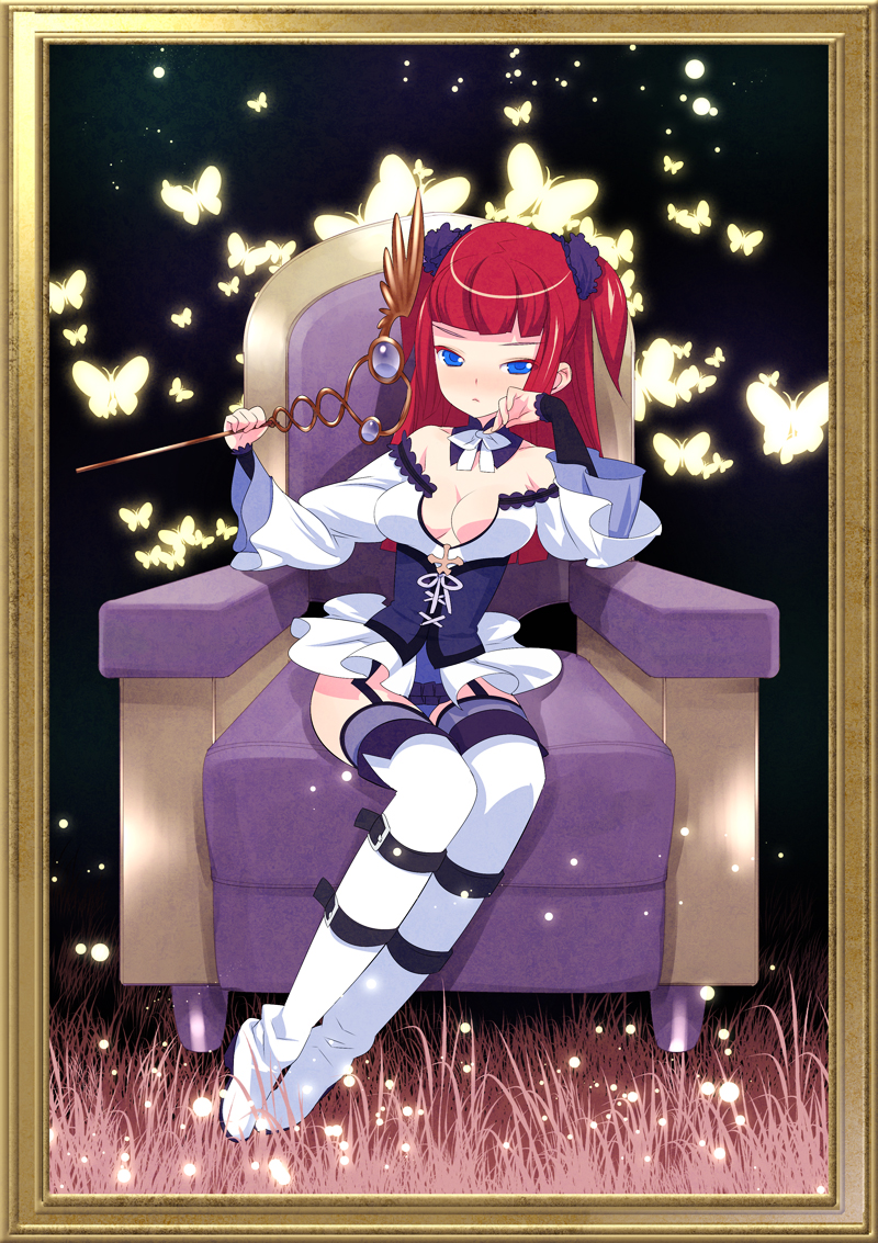 bad_id bad_pixiv_id blue_eyes boots bored breasts bug butterfly cleavage couch frame full_body garter_straps insect light_particles long_hair medium_breasts red_hair sitting solo staff tensugi_takashi thigh_boots thighhighs umineko_no_naku_koro_ni ushiromiya_ange