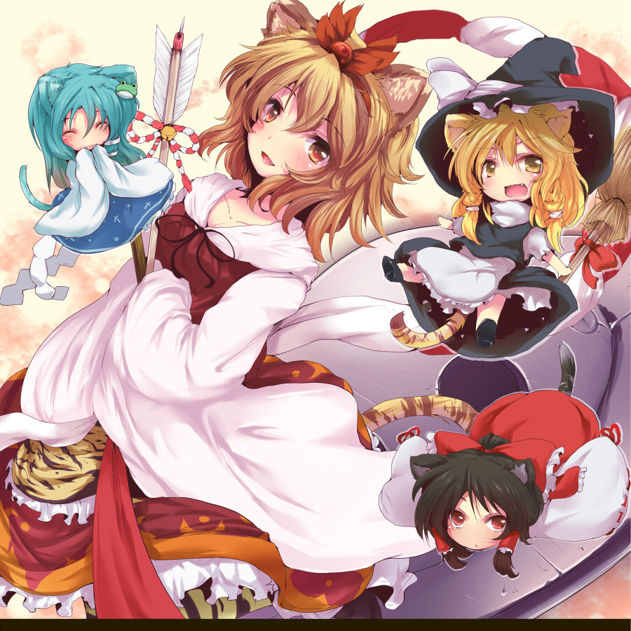 animal_ears apron arrow bad_id bad_pixiv_id bell black_hair blonde_hair blush bow broom cat_ears cat_tail chibi closed_eyes detached_sleeves fang frills gathers hakurei_reimu hat jingle_bell kemonomimi_mode kirisame_marisa kochiya_sanae large_bow multiple_girls nejime tail tiger_ears tiger_tail toramaru_shou touhou ufo witch_hat yellow_eyes